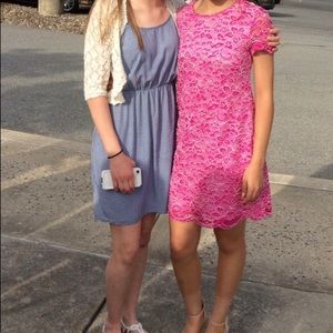 Pink shift dress with lace overlay